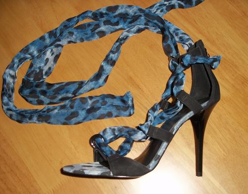 GUESS Black High Heeled Sandals with Blue Leopard Print tie detail ...